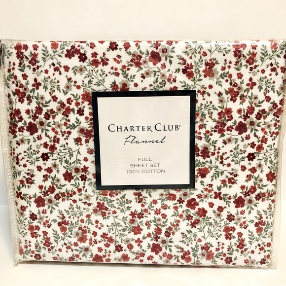 Charter Club Flannel Full Sheet Set 100% Cotton Red Floral New, 4 Pcs - Picture 1 of 8